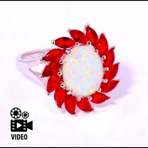 Sterling Silver fire opal and sim ruby Sunburst ring. NEW size 10.